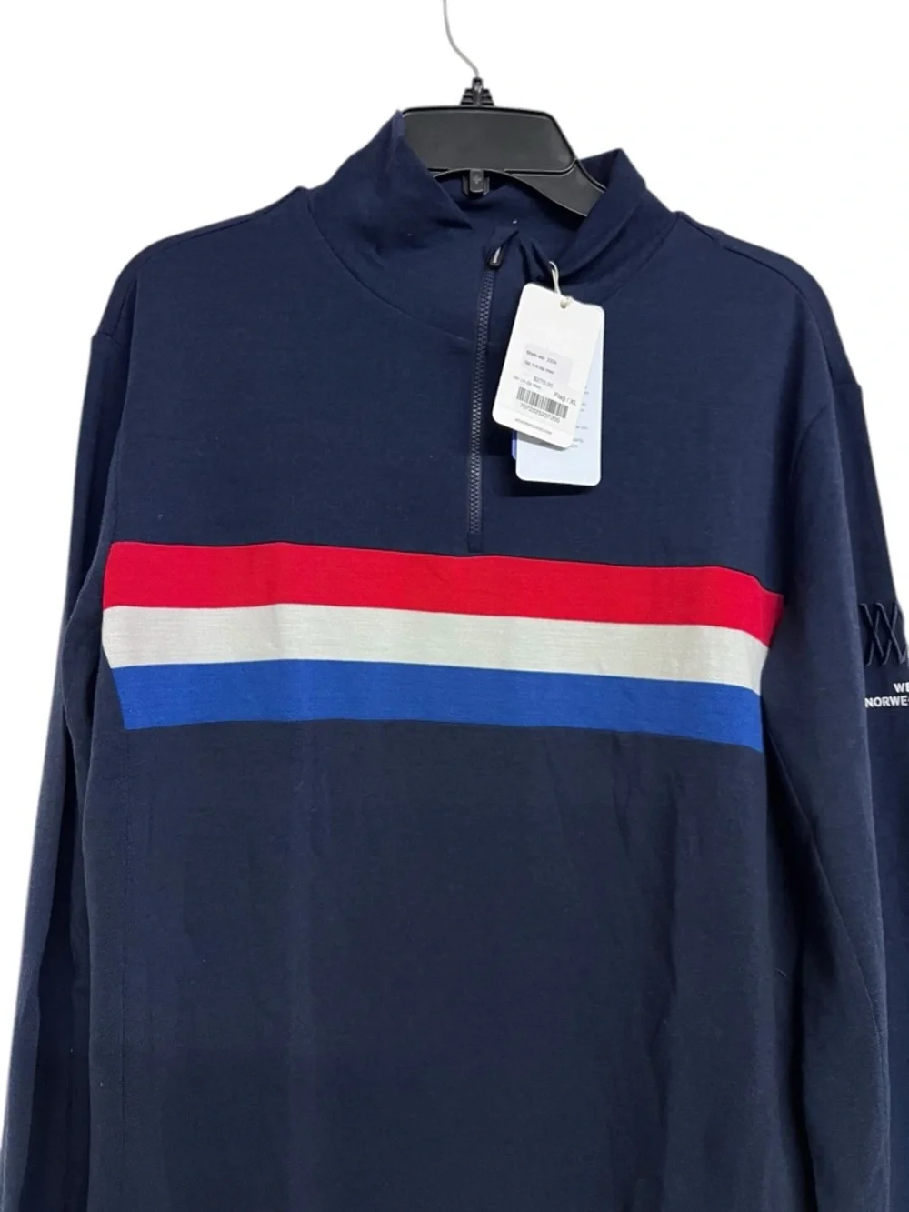 NEW Men's‎ We Norwegians Navy 1/4 Zip Sweater Flag Print Pique Merino Wool